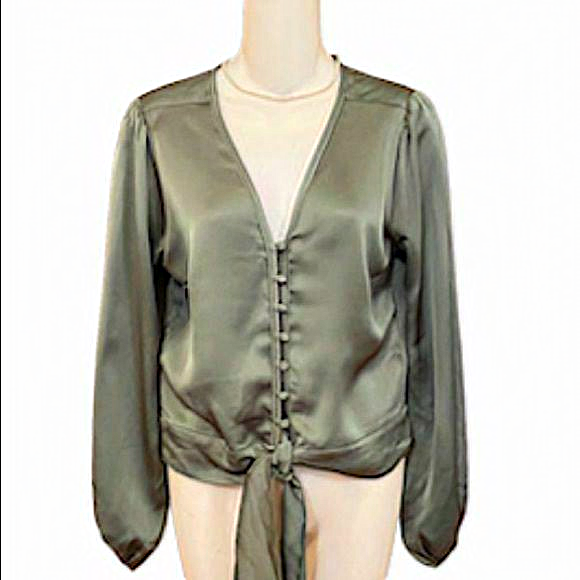 Abercrombie & Fitch Tops - Satin Tie-Front Long-Sleeve Top - Olive Green